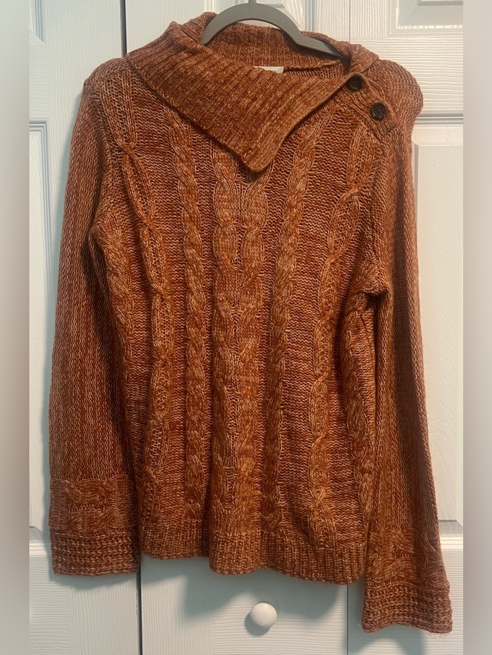 Vintage X America Cable Knit Asymmetric Button Cowl Neck Sweater in Rust